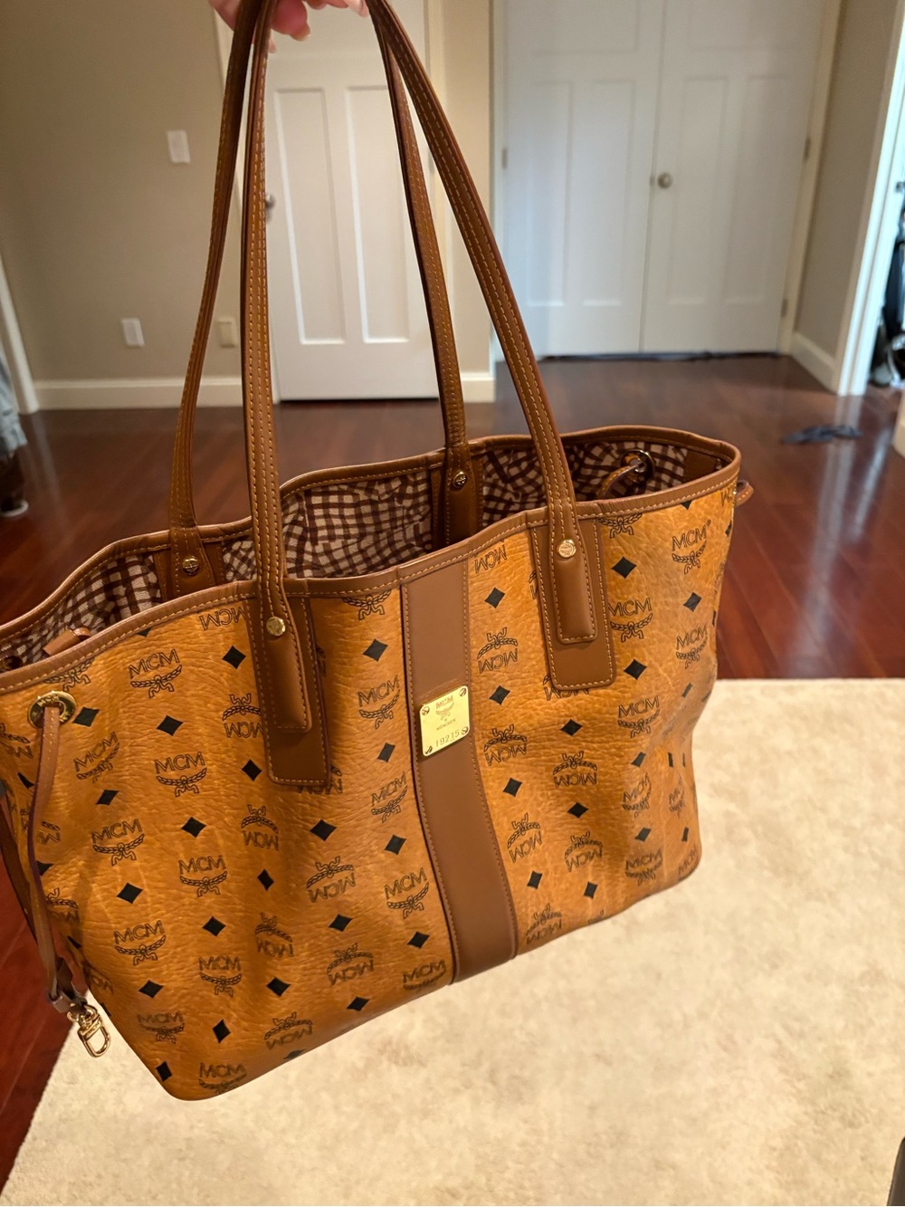 MCM Cognac Visetos Monogram Tote with Gold Plaque